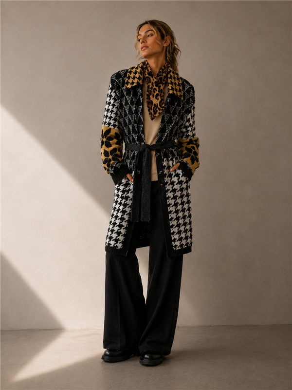 Un sweater de diseño de autor que fusiona diferentes tramas y estampas en una sola pieza. El mix de pied de poule, rombos, motivos botánicos y detalles animal print crea una composición contemporánea con fuerte identidad visual.

Su silueta tipo cardigan, con cinturón para ajustar la cintura, permite llevarlo abierto o cerrado, adaptándose a distintos estilos y ocasiones.